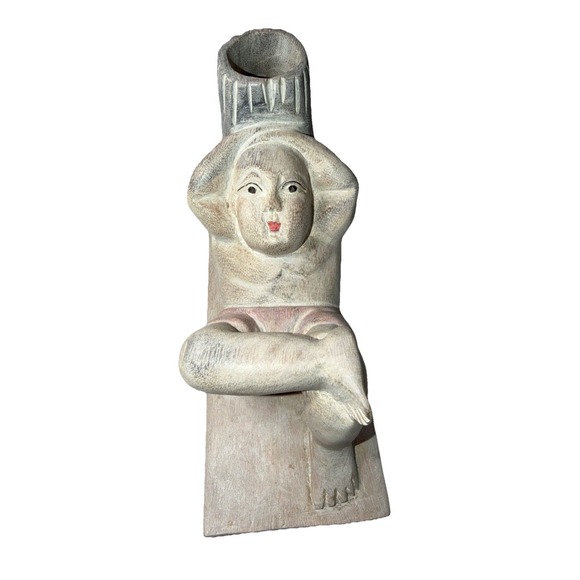 The Unbranded Brand Other - Vintage Carved Wood Figurine Asian Man Good Luck Candle Flower Holder Tabletop